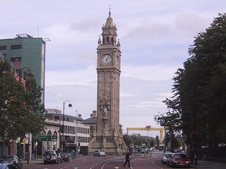 Albert clock with Harland and Wolf (and barely visible Lagan Lookout) in background