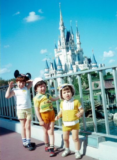  and Cinderella's Castle, Disney World, Orlando, Florida.  Xmas-time trip, 1975