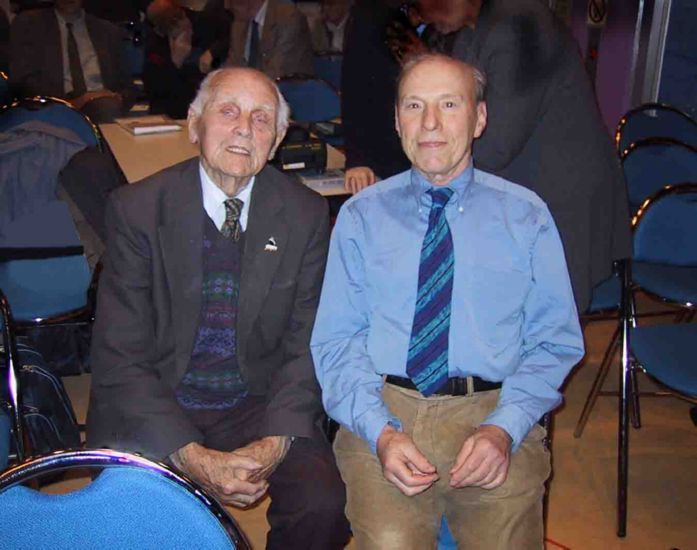 John Parkinson saw Titanic afloat in 1912 -- Leonard Evans saw it under Atlantic in 2000.   Photo at meeting of Belfast Titanic Society 12 October 2004.